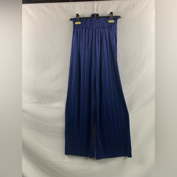 Navy Blue Pleated Paperbag Waist Wide Leg Pants - Picture 6 of 7